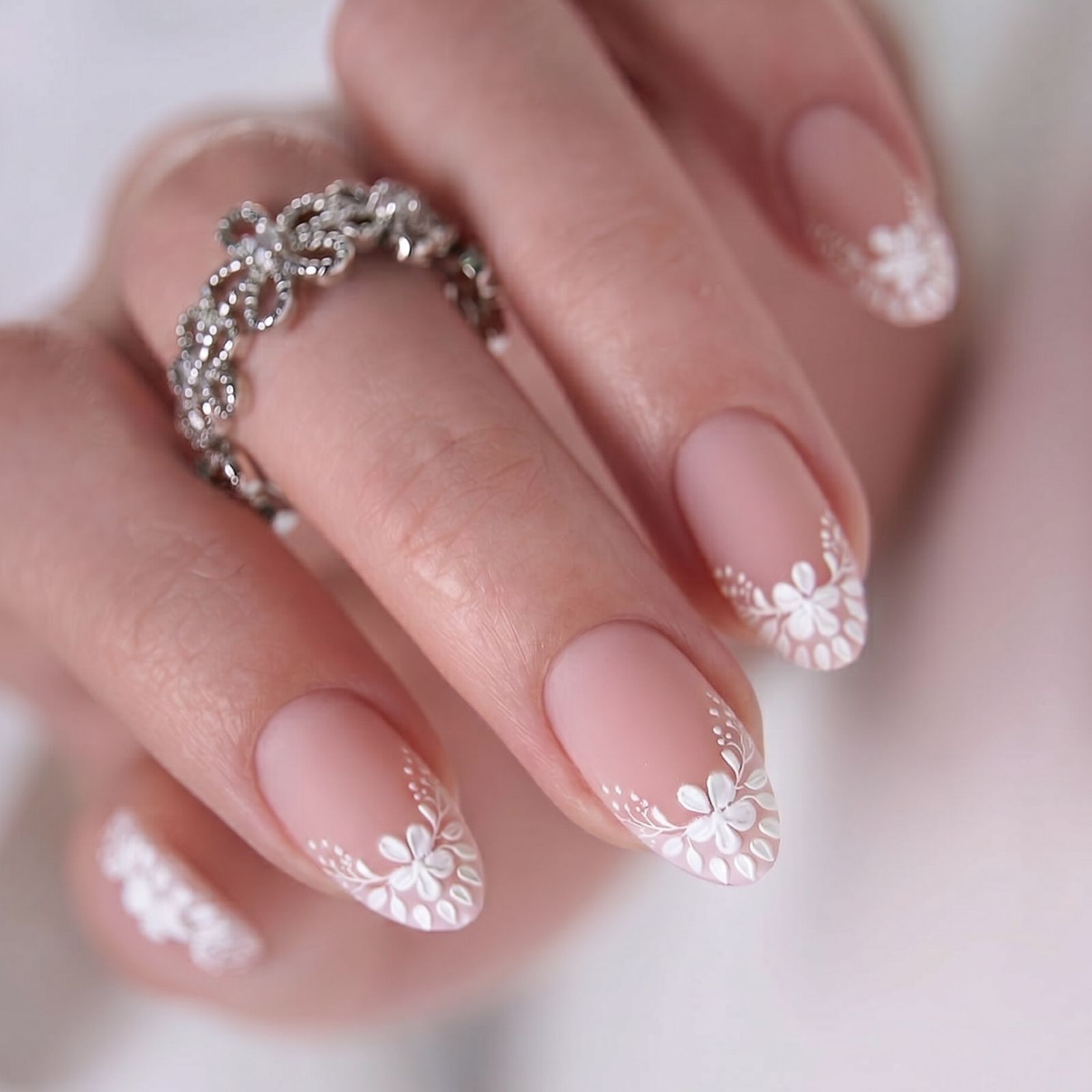 Matte Pinkish Nude with Glossy Floral Line Art — Floral Wedding Nails 2027