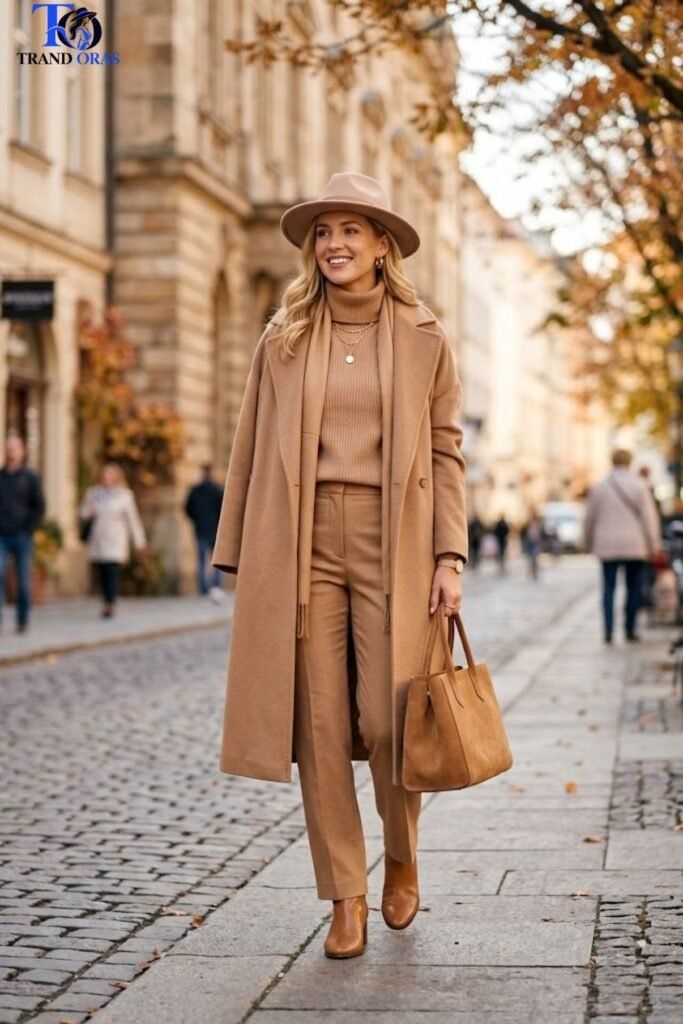 Camel Monochromatic Layers with Fedora Flair — Layered Winter Outfits 2027