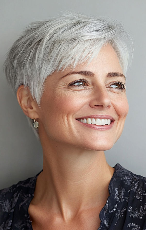 Bright Silver Pixie With Soft Layers Bright Silver Pixie With Soft Layers — Pixie 2027 for Women Over 40