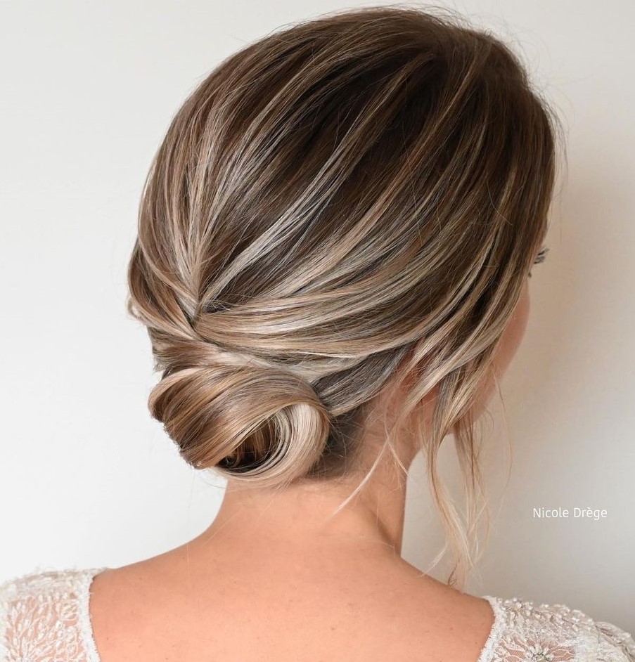 Collarbone Brown Highlight Low Bun Collarbone Brown Highlight Low Bun — Wedding Hairstyles 2027 for Short Hair