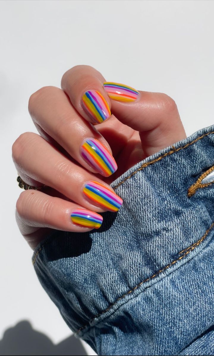 Medium Coffin Rainbow Stripes Glossy Medium Coffin Rainbow Stripes Glossy — Different Color Each Nail 2027