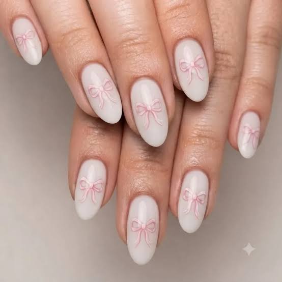 Matte White Oval with Raised Pink Bows — Pink Bow Nails 2027