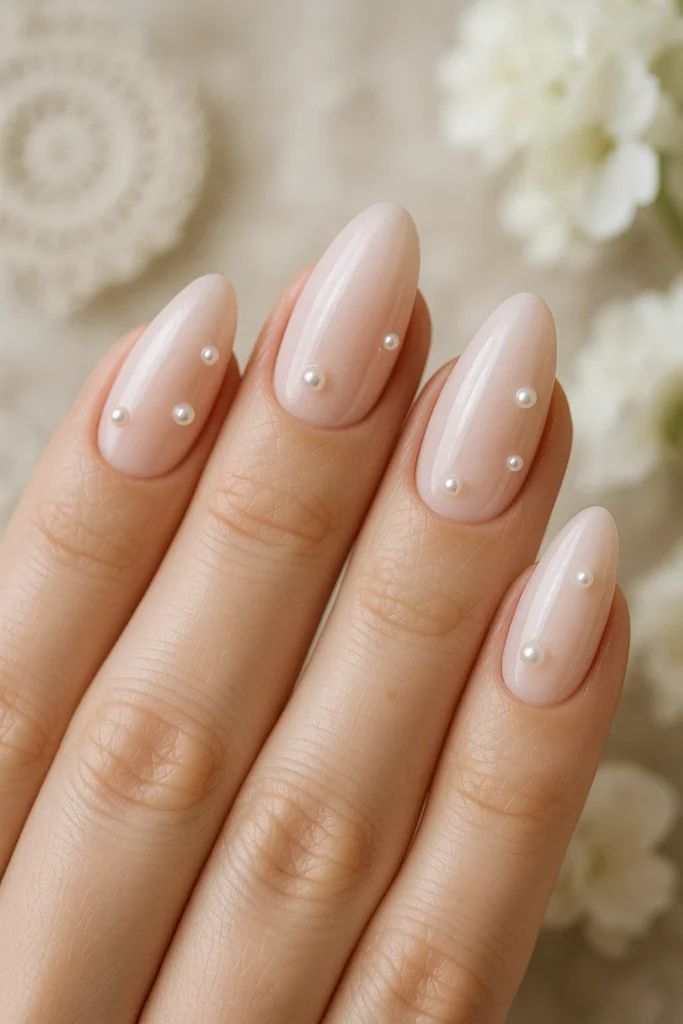 Scattered Pearl Pale Pink Almond Nails Scattered Pearl Pale Pink Almond Nails — Wedding Guest Nails 2027