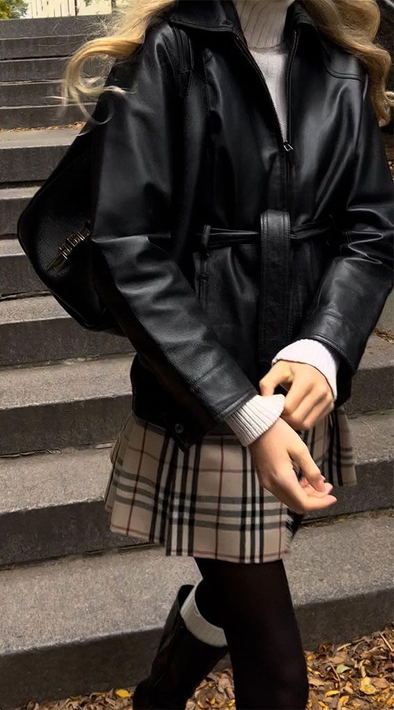 Chic Autumn Ensemble: Plaid Mini with Leather Jacket Chic Autumn Ensemble: Plaid Mini with Leather Jacket — Plaid Mini Skirt Outfits 2027