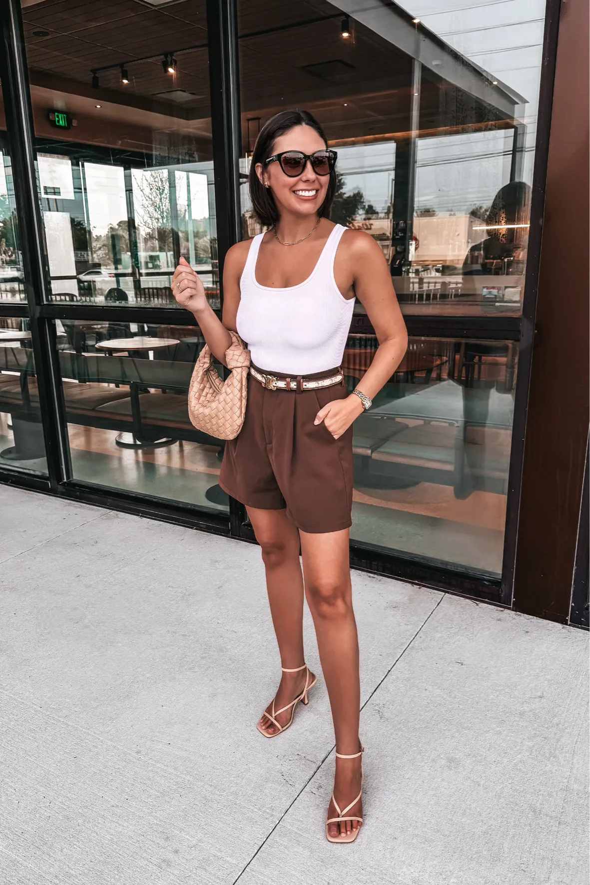 Brown Linen Shorts with a White Ribbed Tank Brown Linen Shorts with a White Ribbed Tank — Summer Everyday Outfits 2027