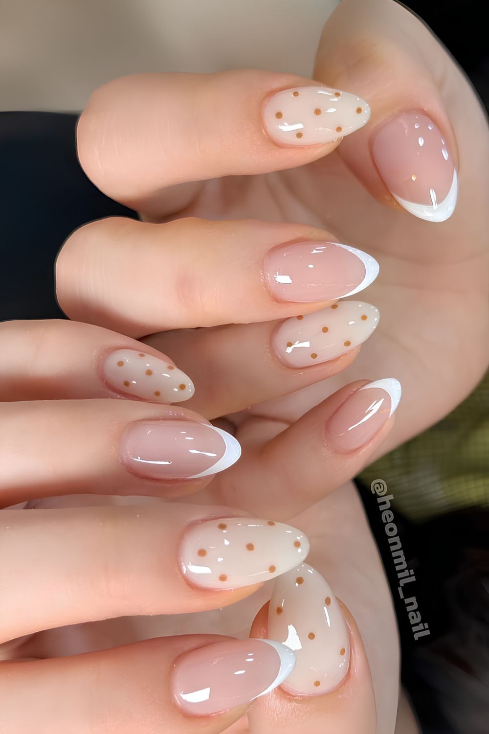 Medium Almond French Tips with Gold Dots Medium Almond French Tips with Gold Dots — Polka Dot Nails 2027