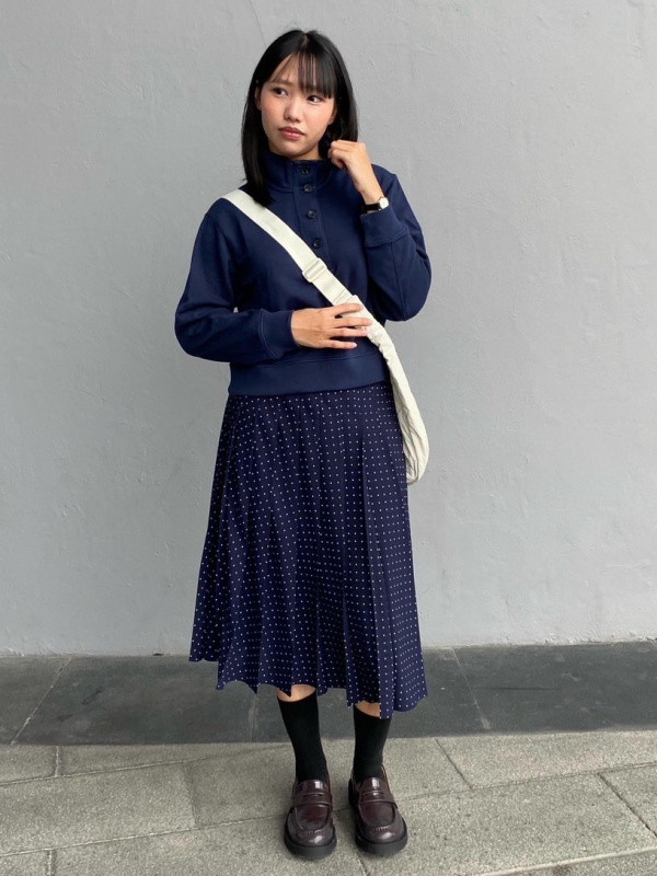 Polka Dot Midi Skirt with Button-Up Sweatshirt and Loafers Polka Dot Midi Skirt with Button-Up Sweatshirt and Loafers — Navy Blue Midi Skirt Outfits 2027