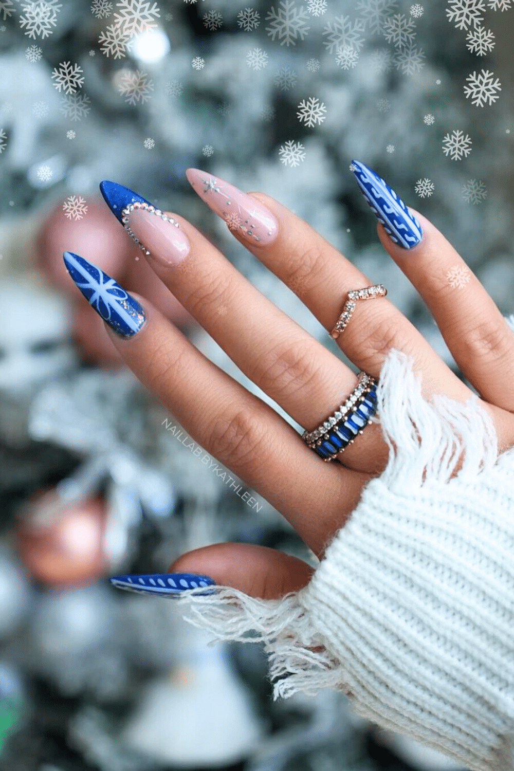 Sheer Nude Blue French Tips with Rhinestones Sheer Nude Blue French Tips with Rhinestones — Blue Christmas Nails 2026
