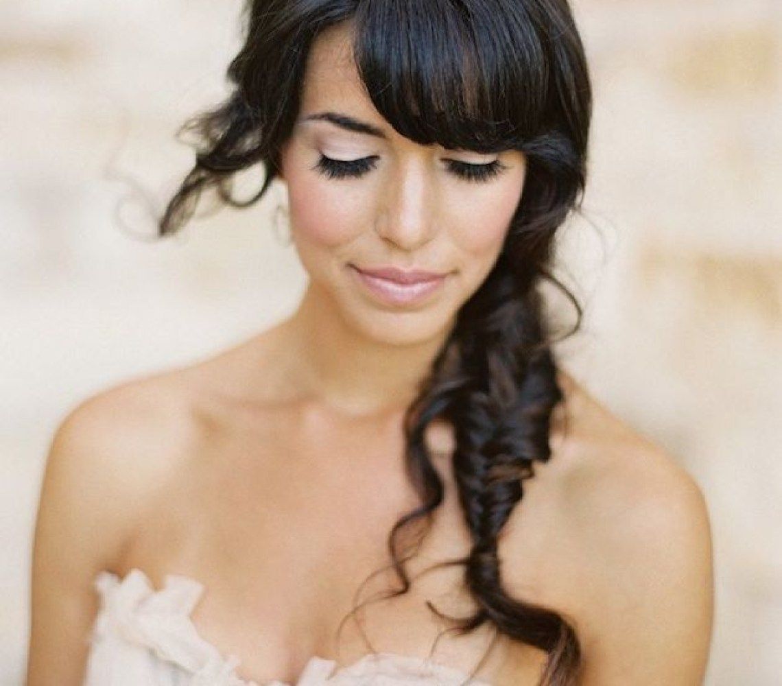 Front View Long Dark Brown Side Braid With Full Bangs Front View Long Dark Brown Side Braid With Full Bangs — Wedding Bangs 2027