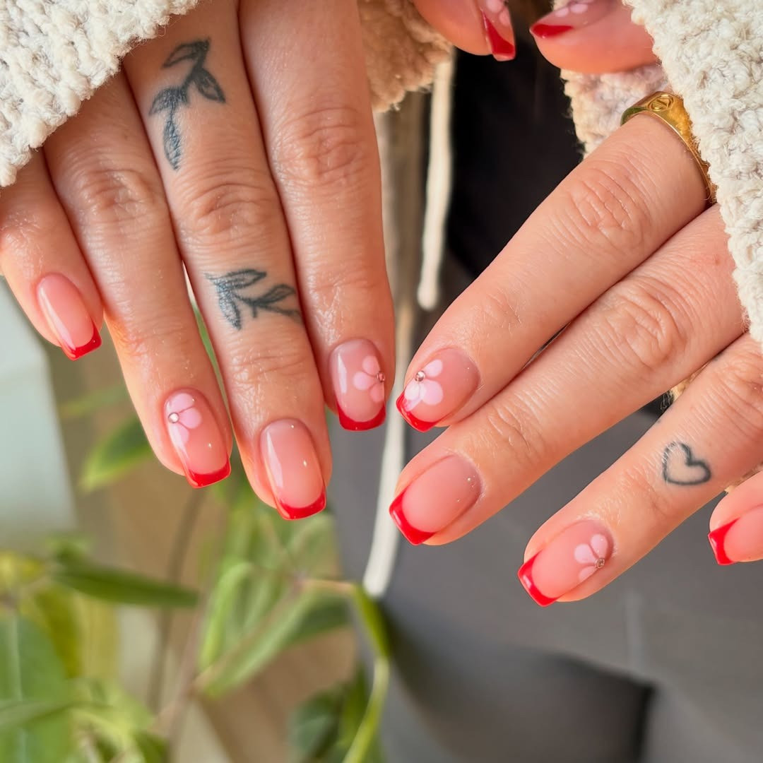 Floral Accent Red French Square Nails — Red French Tip Nails 2027