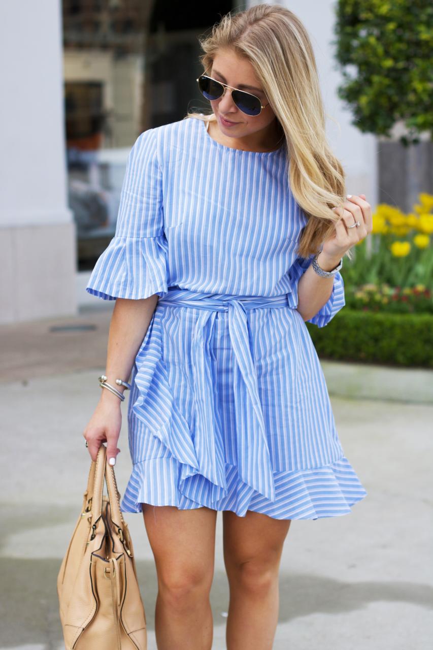 Light Blue Striped Short Dress with Ruffled Hem and Tan Sandals Light Blue Striped Short Dress with Ruffled Hem and Tan Sandals — Striped Dresses 2027