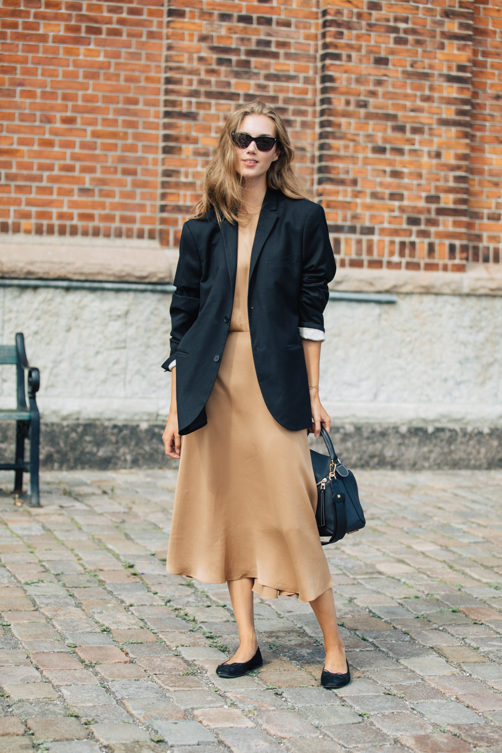 Camel Silk Slip Dress Paired with an Oversized Blazer for Daytime Chic — Silk Dresses 2027