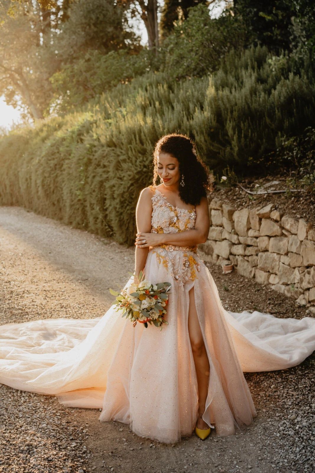 Pale Pink Glitter Tulle Ballgown with Slit — Colored Wedding Dresses 2027