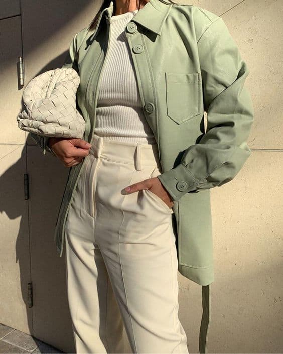 Casual Chic: Sage Green Leather Jacket Over Cream Basics — Sage Green Outfits 2027