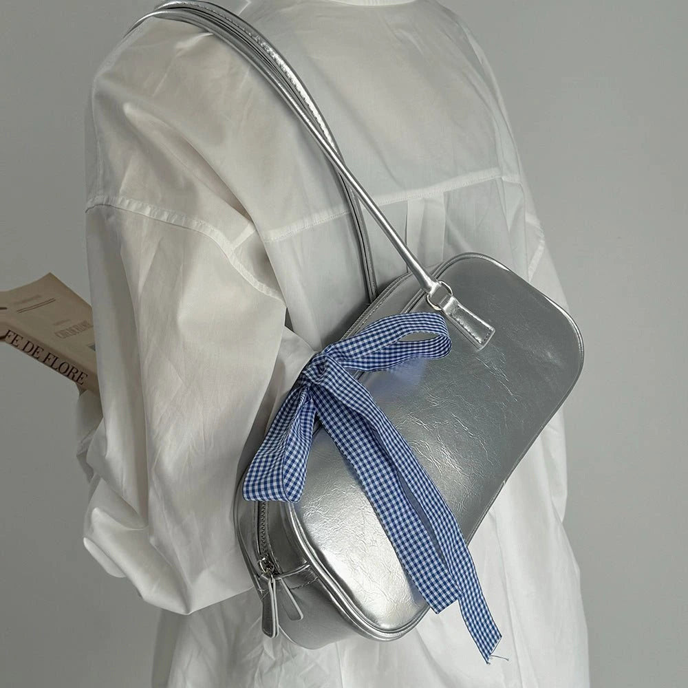 Silver Metallic Baguette Bag with Gingham Ribbon Detail Silver Metallic Baguette Bag with Gingham Ribbon Detail — Baguette Bag Aesthetic 2027