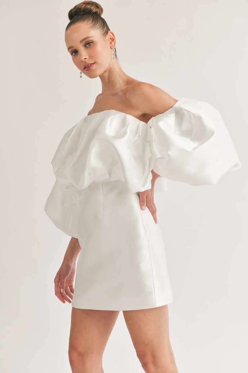 White Satin Mini Dress with Dramatic Off-the-Shoulder Puff Sleeves White Satin Mini Dress with Dramatic Off-the-Shoulder Puff Sleeves — Puff Sleeve Dresses 2027