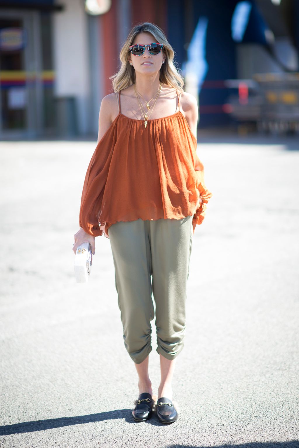 Burnt Orange Off-Shoulder Top with Olive Green Relaxed Pants — Off the Shoulder Top Outfits 2027