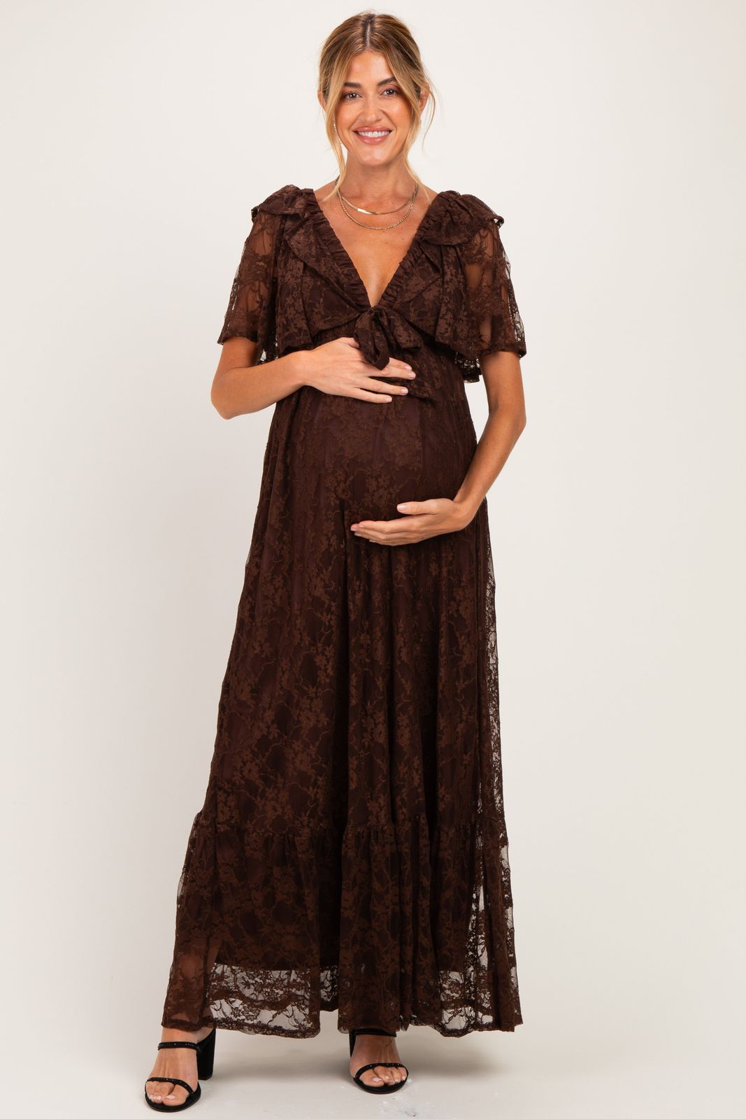 Dark Brown Lace Maxi Dress with Ruffled Sleeves Dark Brown Lace Maxi Dress with Ruffled Sleeves — Baby Shower Dress 2027 for Guest