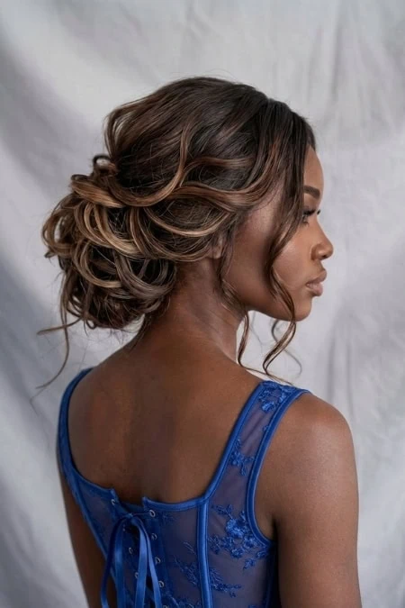 Dark Brown Updo With Voluminous Curls and Side Part Dark Brown Updo With Voluminous Curls and Side Part — Formal Hairstyles 2027
