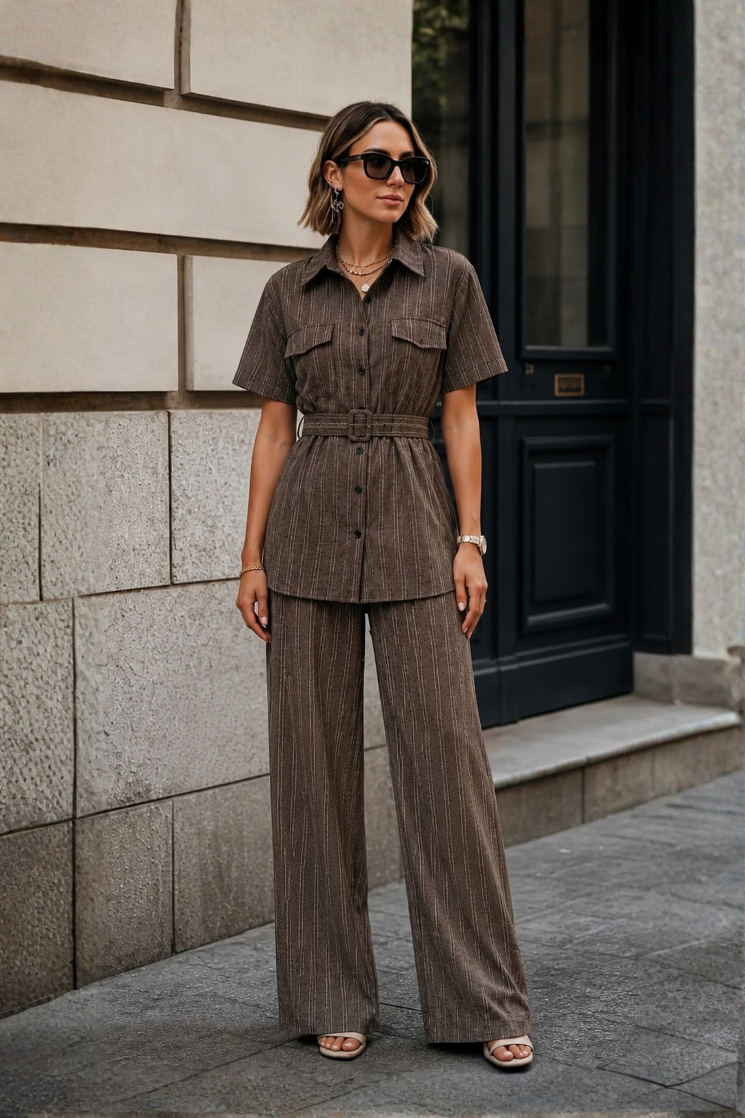 Belted Pinstripe Shirt and Trousers for a Coordinated Office Set — Office Outfits for Women 2027
