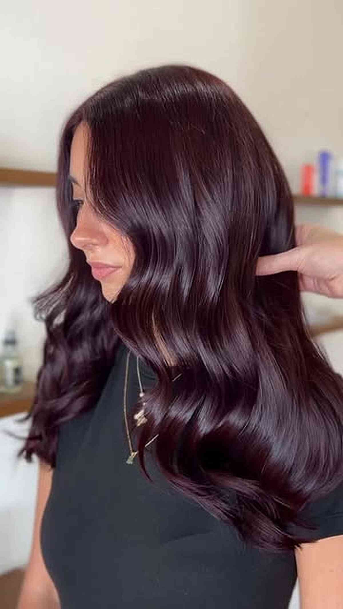 Deep Plum Waves With Curtain Bangs Deep Plum Waves With Curtain Bangs — Glazed Hair 2027