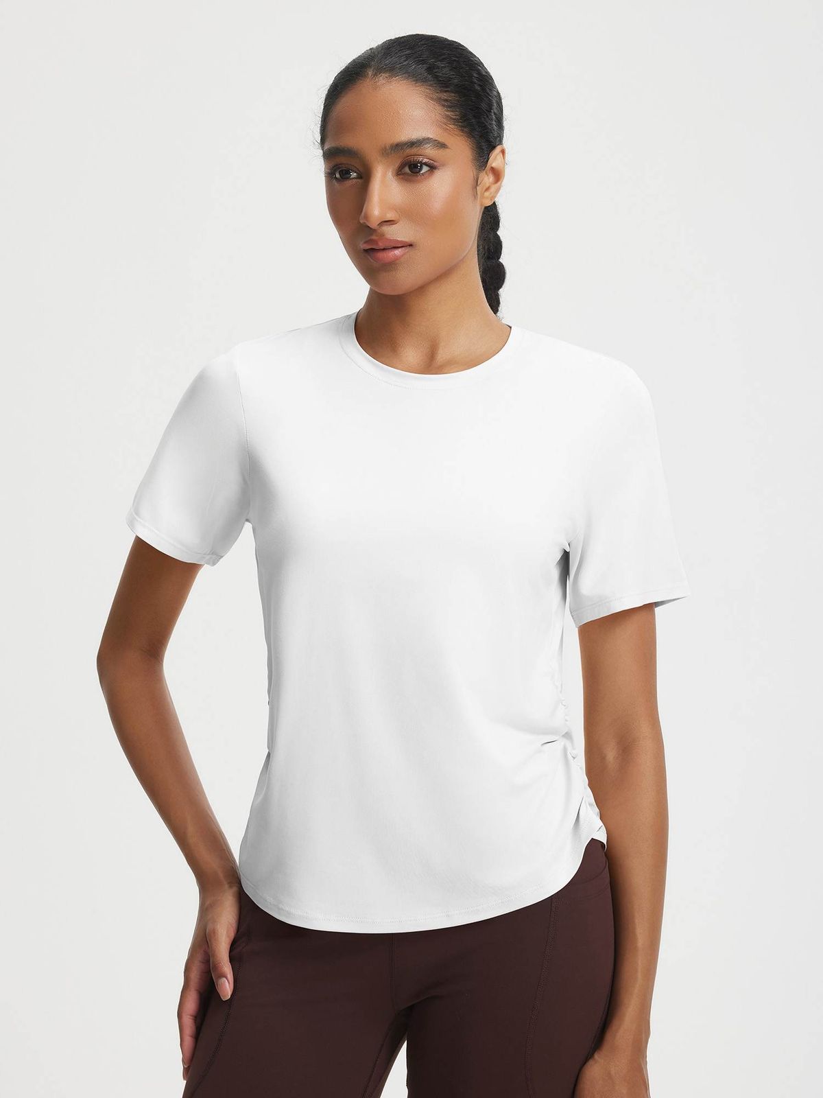 White Ruched T-Shirt with Brown Fitted Leggings — Athletic Hiking Outfits 2027