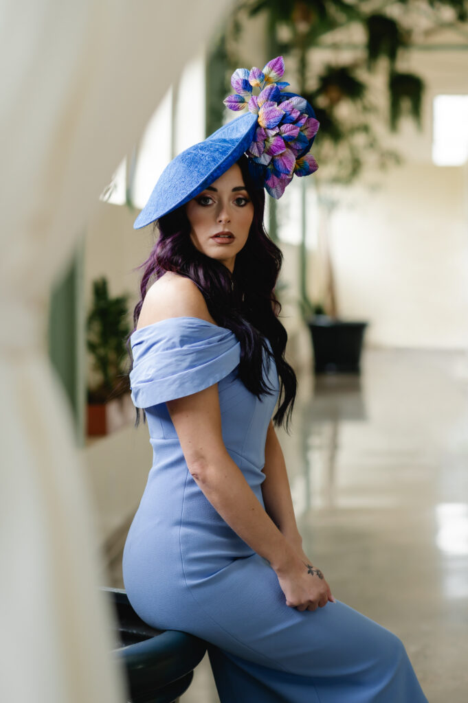 Light Blue Jumpsuit with Dramatic Fascinator — Kentucky Derby Outfits 2027