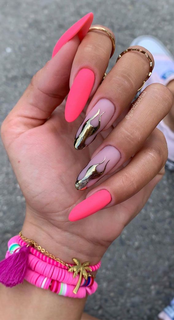 Neon Coral Matte Stiletto Gold Foil Neon Coral Matte Stiletto Gold Foil — Anniversary Nails 2027