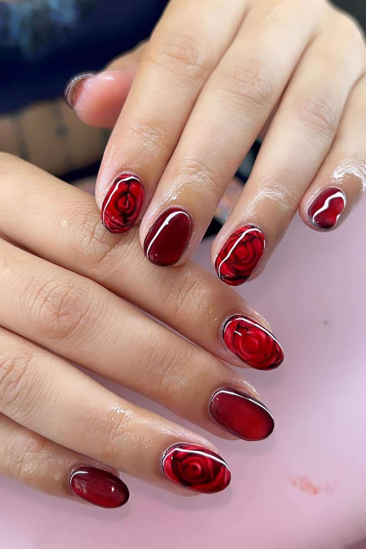 Deep Red With Detailed Rose Art Deep Red With Detailed Rose Art — Red Valentines Nails 2027