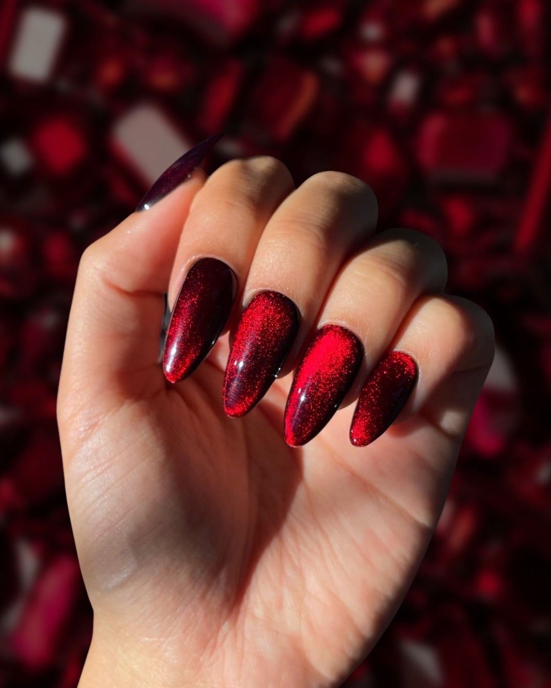 Metallic Red Cat-Eye Coffin Nails — Garnet Nails 2027