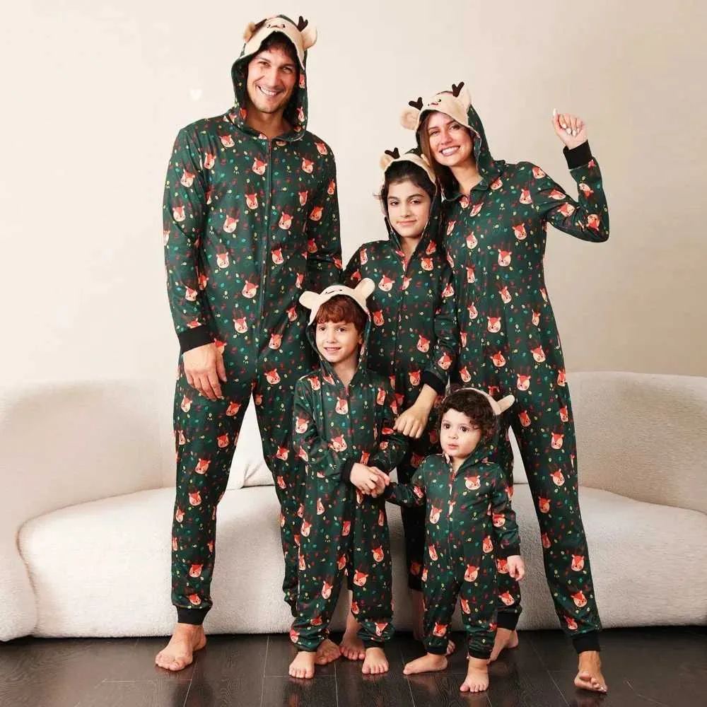 Green Onesies With Reindeer Antler Hoods Green Onesies With Reindeer Antler Hoods — Matching Family Christmas Outfits 2026
