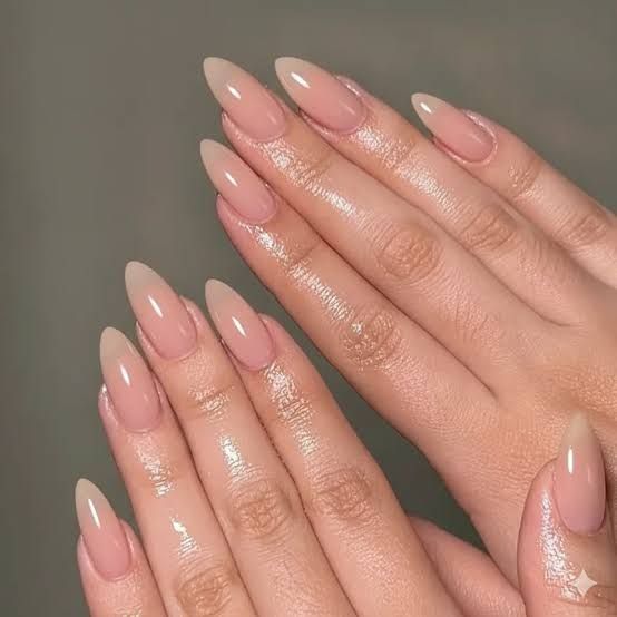 Glossy Sheer Nude Pink Long Almonds Both Hands Glossy Sheer Nude Pink Long Almonds Both Hands — Nails 2027 for Wide Nail Beds