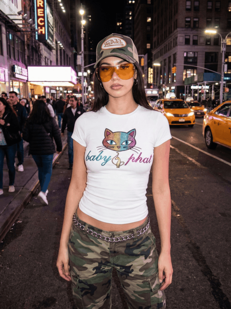 Graphic 'Baby Phat' T-Shirt with Camouflage Cargo Pants — Y2K Outfits 2027