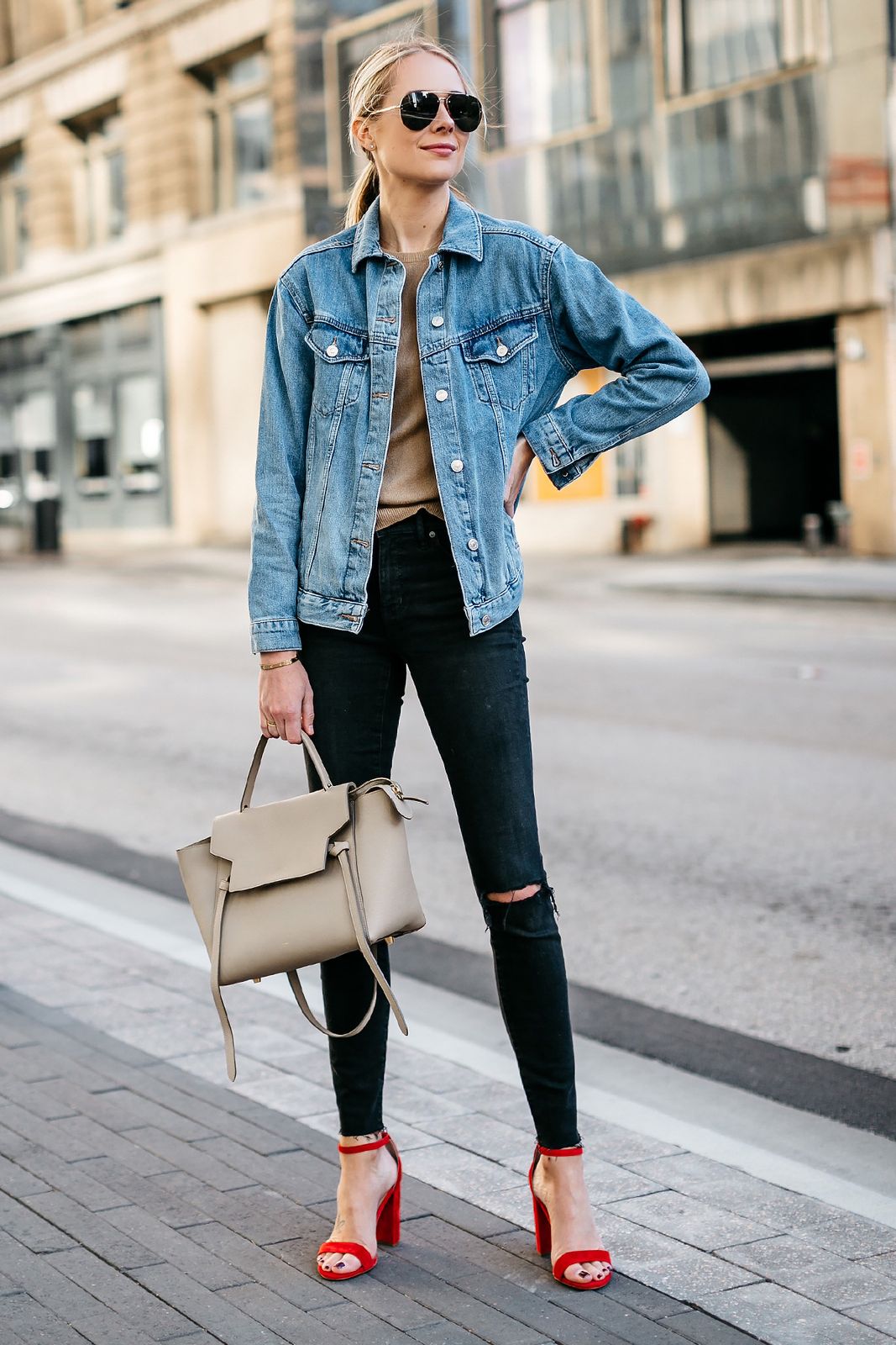 Light Blue Denim Jacket with Ripped Jeans and Red Heels — Denim Jackets 2027