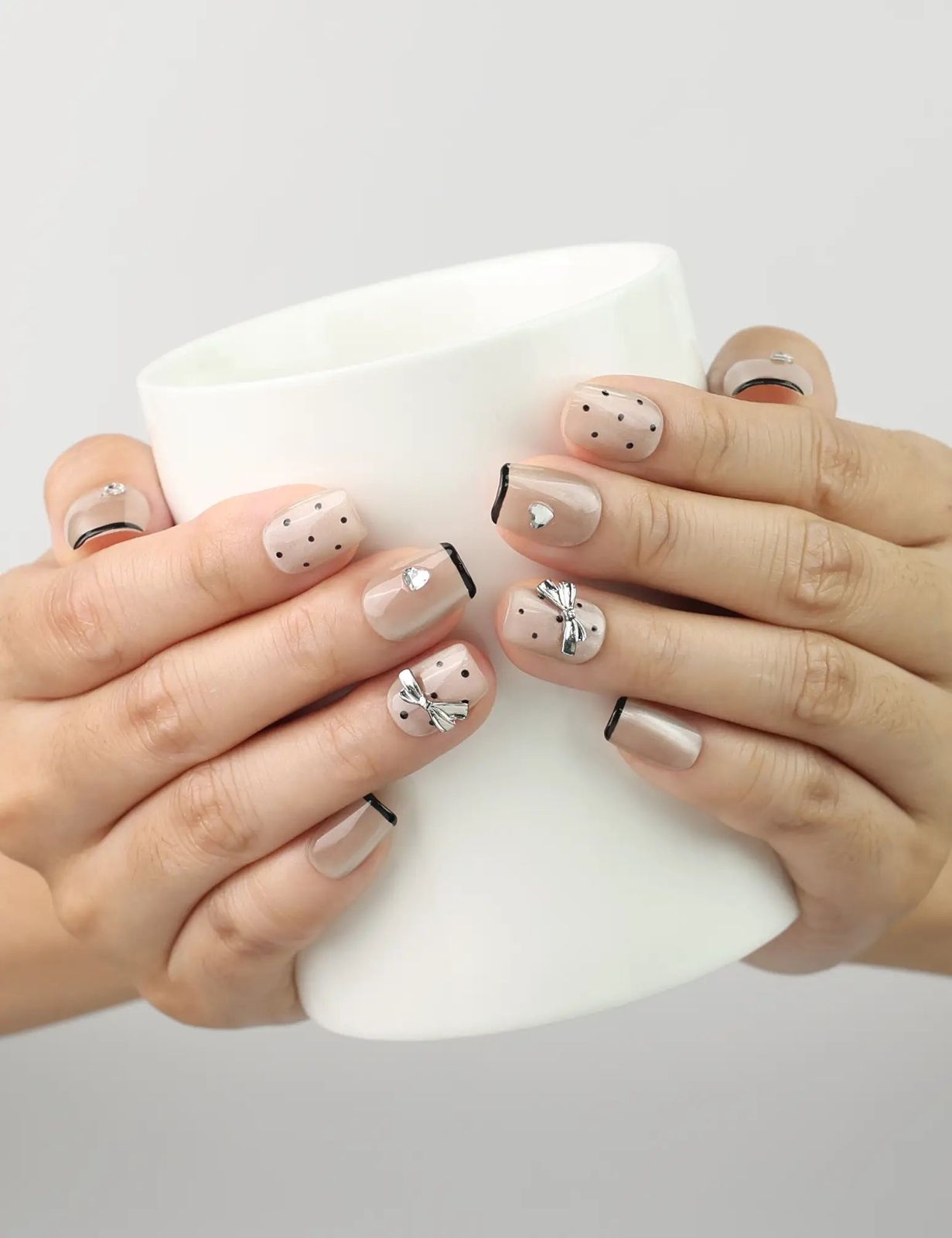 Nude Polka Dot Silver Bow Square Nails — Black Bow Nails 2027