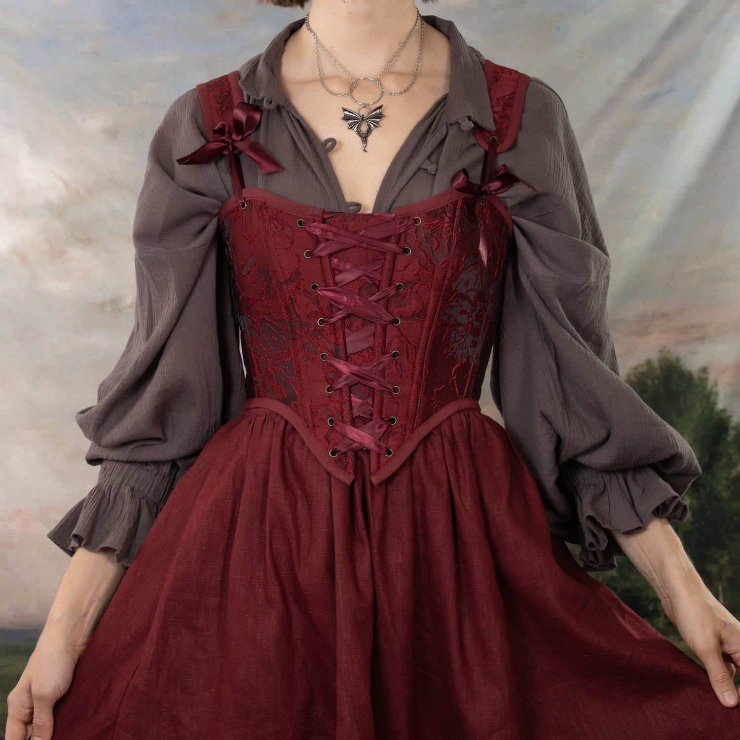 Burgundy Lace Corset Over Grey Blouse with Matching Skirt Burgundy Lace Corset Over Grey Blouse with Matching Skirt — Lace Corset Top Outfits 2027