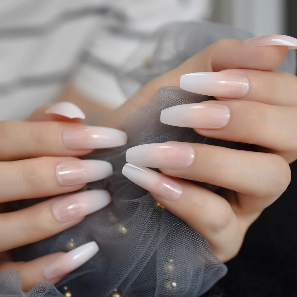 Sheer Pink to White Glossy Ombre — Long Coffin Nails 2027