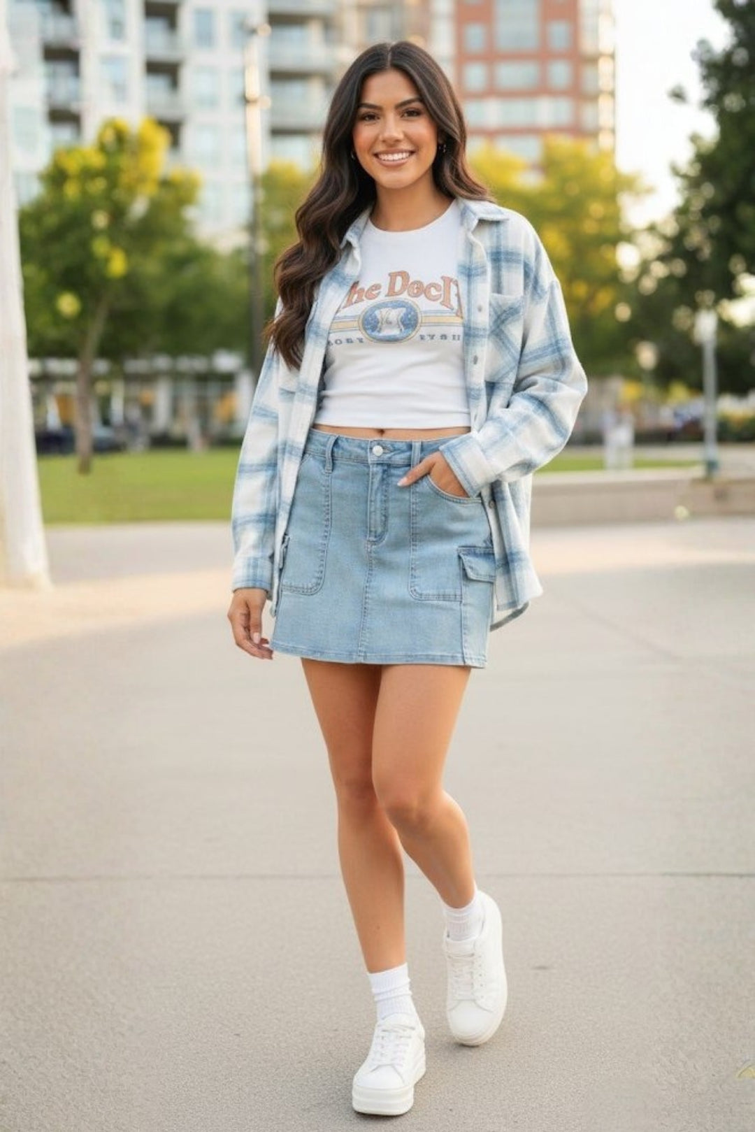 Light Wash Denim Cargo Mini Skirt with Plaid Shirt — Cargo Skirts 2027