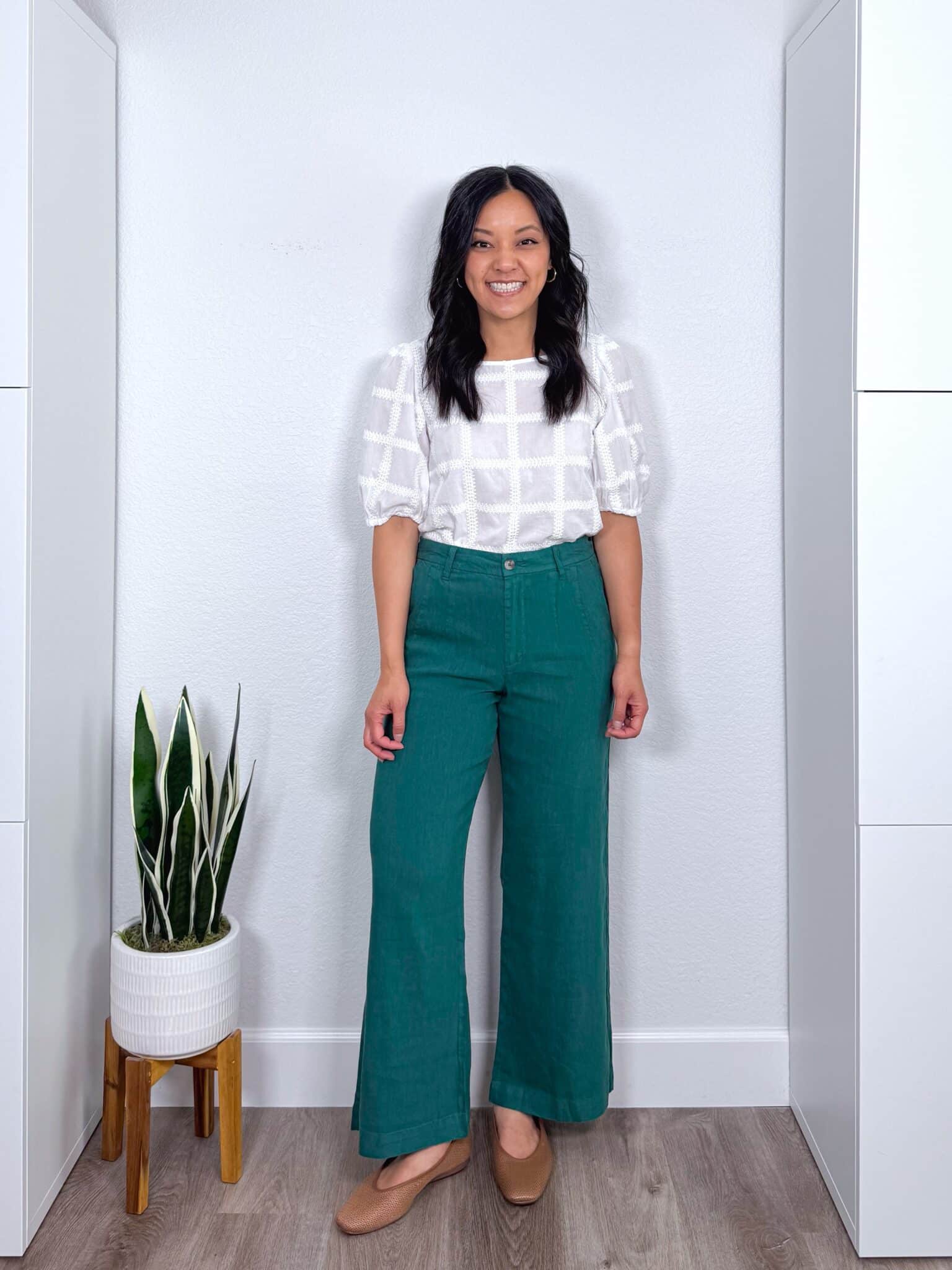 Chic and Comfortable: Eyelet Top and Green Wide-Leg Pants Chic and Comfortable: Eyelet Top and Green Wide-Leg Pants — Summer Outfits 2027 for Teens