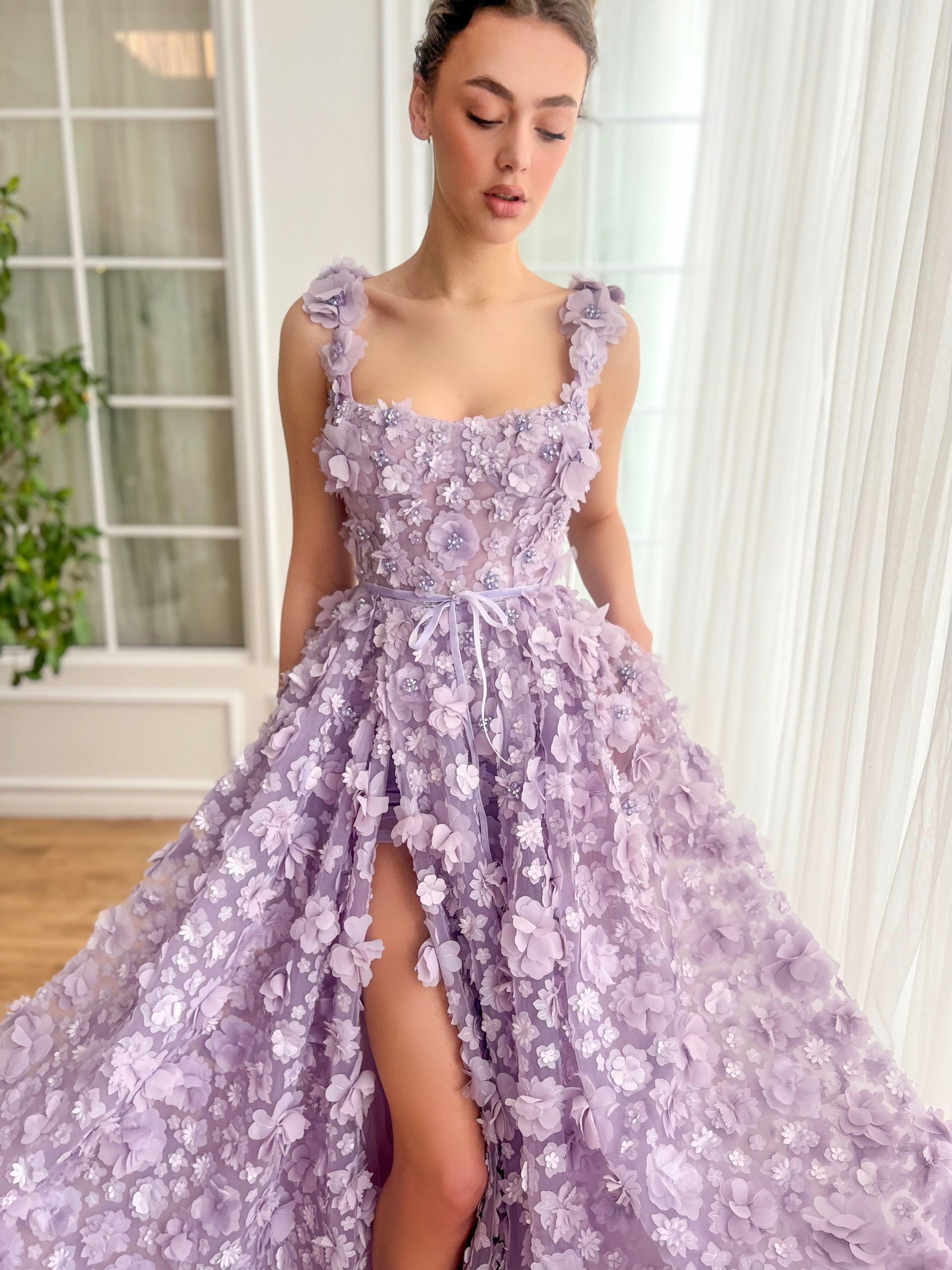 Dramatic Lavender Gown with 3D Floral Appliqués Dramatic Lavender Gown with 3D Floral Appliqués — Lavender Outfits 2027