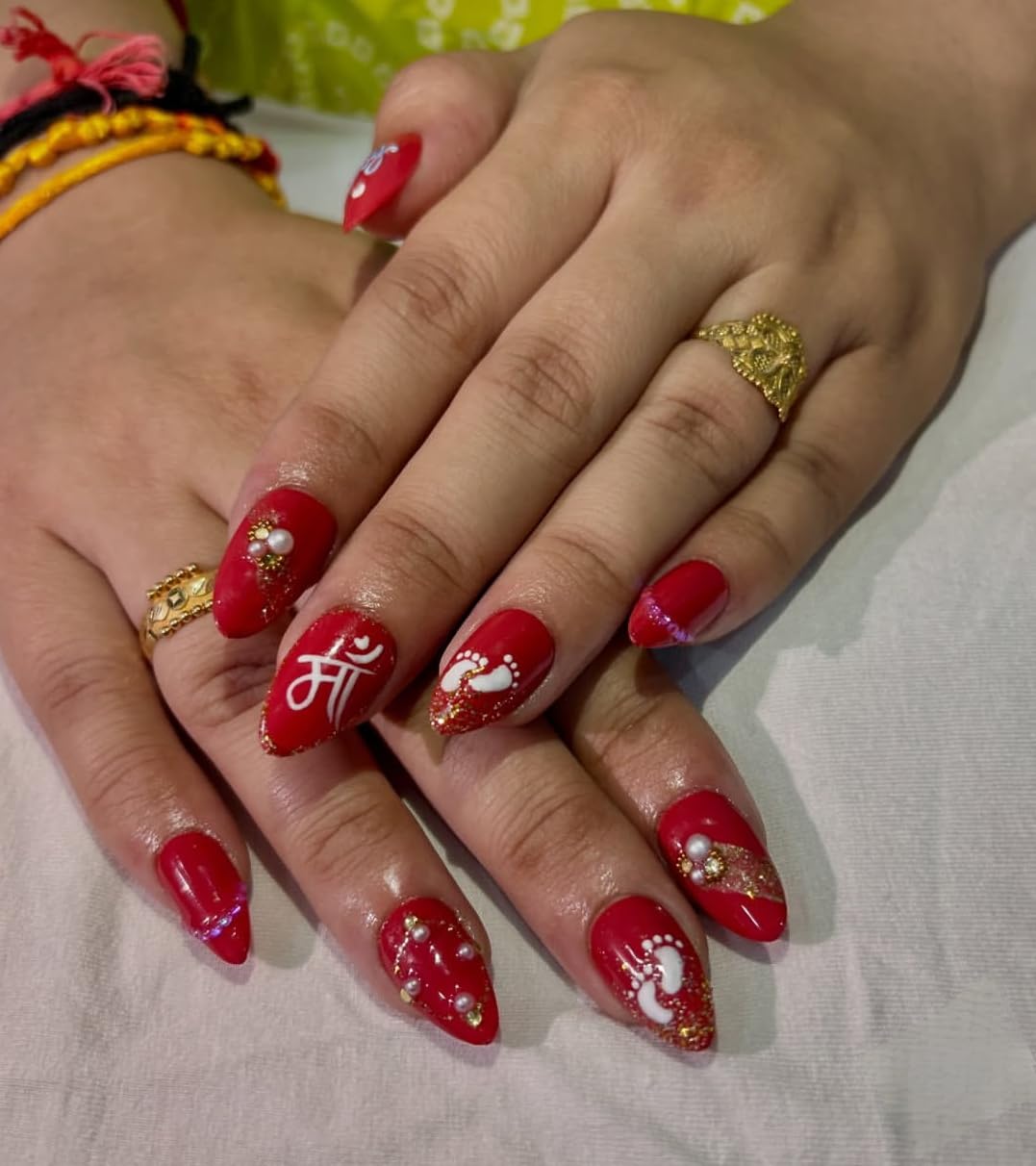 Red with Gold Baby Footprints and 'MOM' — Baby Shower Nails 2027