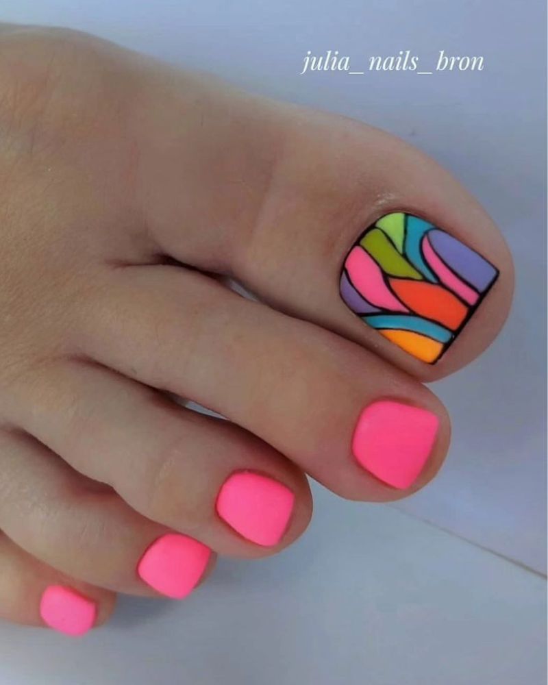 Hot Pink with Stained Glass Accent Hot Pink with Stained Glass Accent — Neon Toe Nails 2027