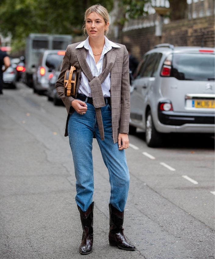 Classic Plaid Blazer and Jeans with Dark Brown Cowboy Boots Classic Plaid Blazer and Jeans with Dark Brown Cowboy Boots — Cowboy Boots Outfits 2027