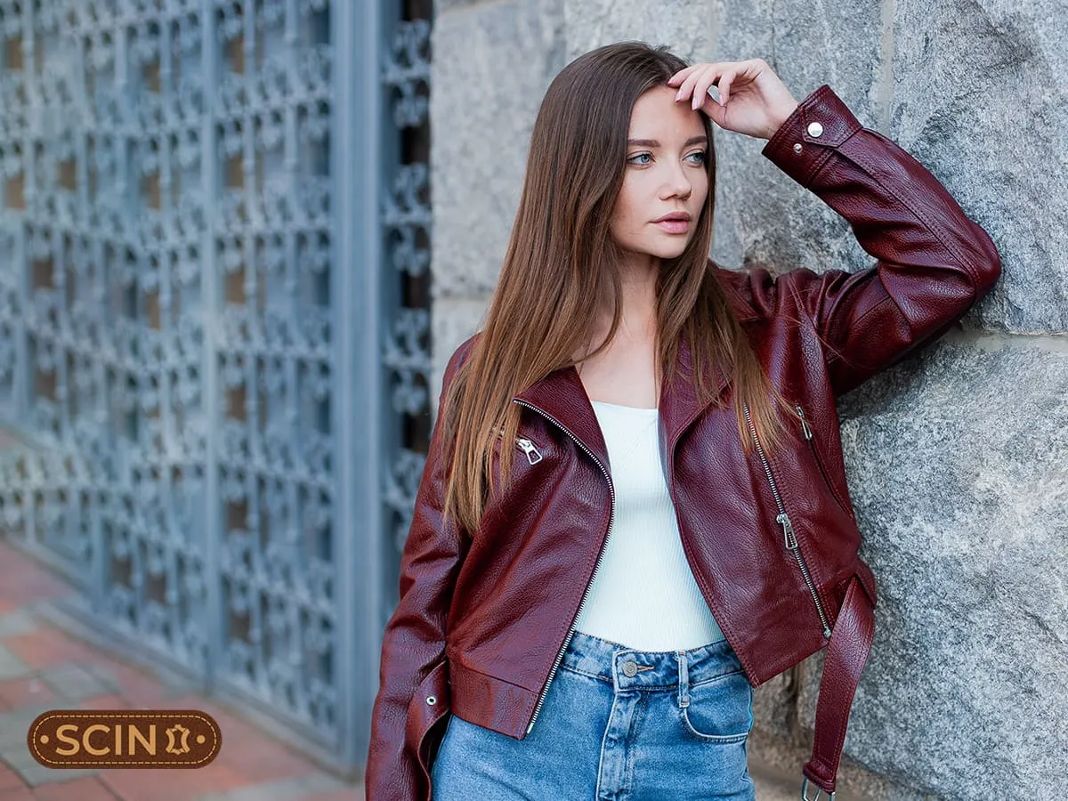 Casual Burgundy Leather Biker Jacket with Denim — Burgundy Outfits 2027