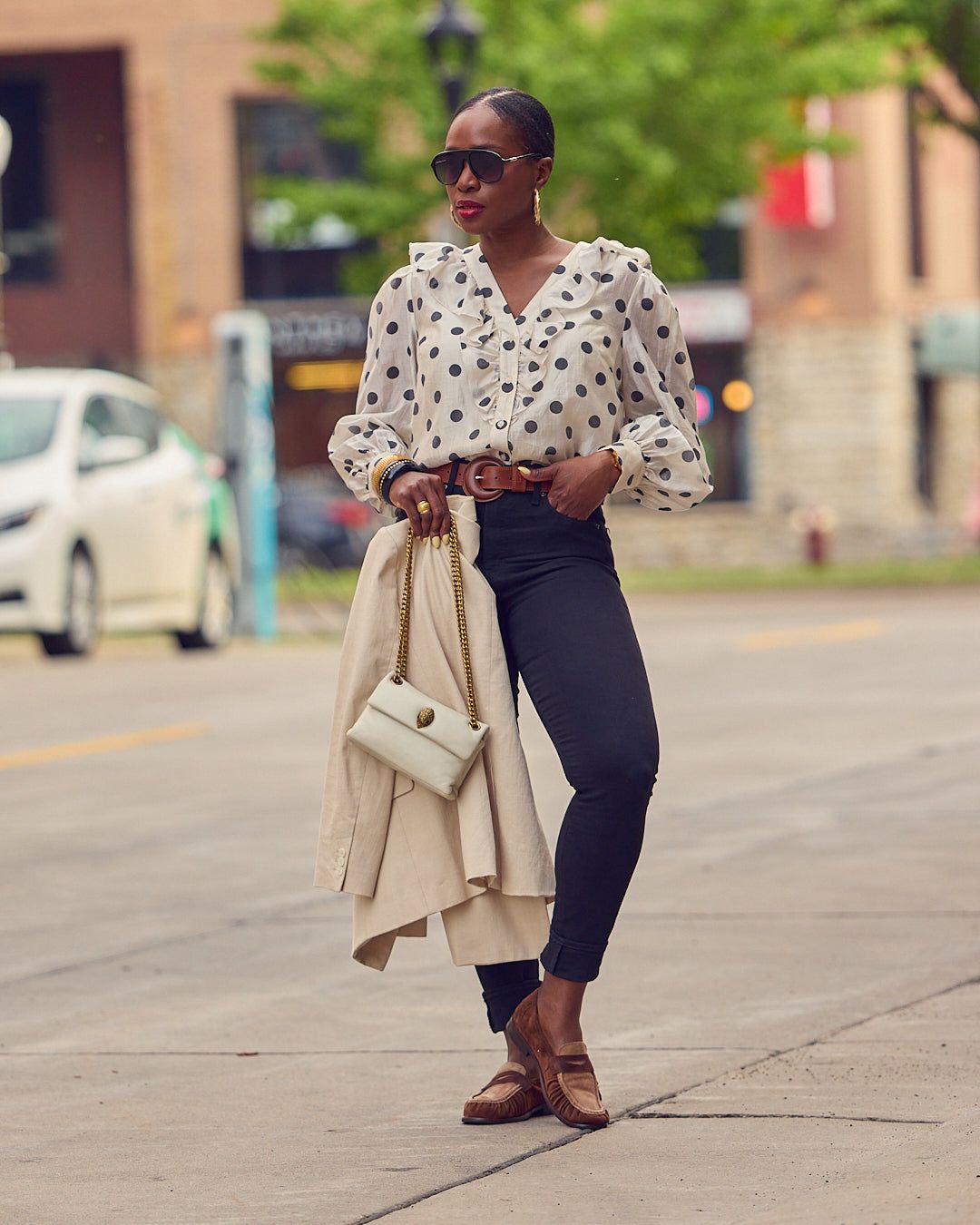 Polka Dot Blouse and Skinny Jeans with a Chic Trench — Casual Outfits 2027 for Skinny Girls