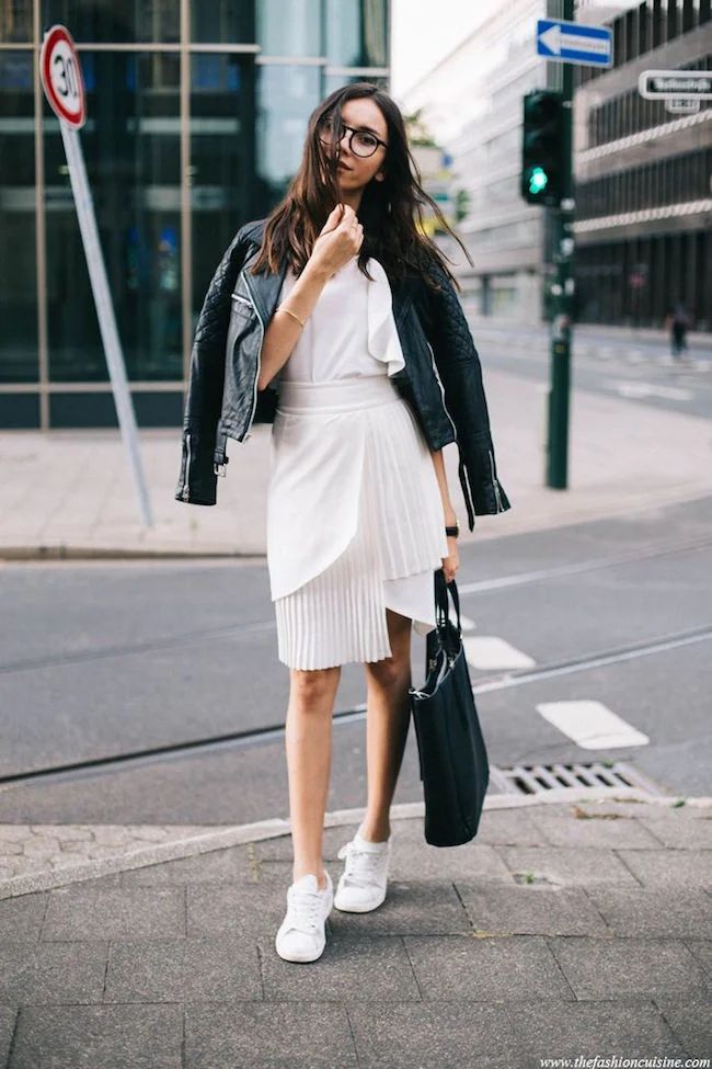 Leather Blazer Adds Edge to Pleated Skirt and Sneakers — Pinterest Girl Outfits 2027