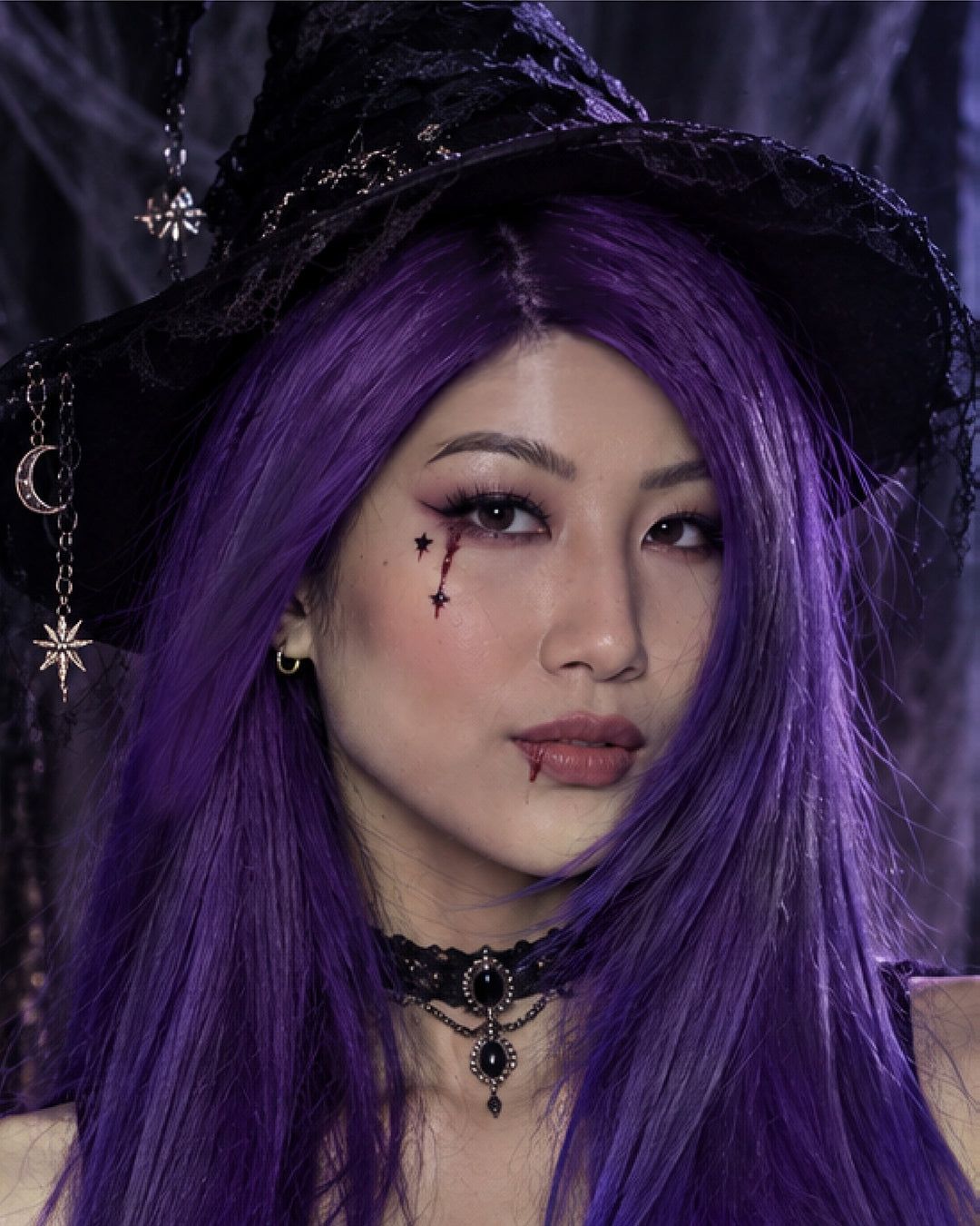 Mid-Back Wavy Vibrant Purple With Wispy Bangs Mid-Back Wavy Vibrant Purple With Wispy Bangs — Goth Hair Color 2027