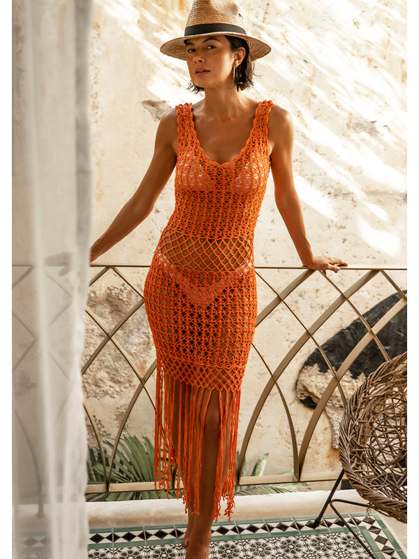 Orange Sleeveless Maxi Dress with Fringe Hem Orange Sleeveless Maxi Dress with Fringe Hem — Crochet Dresses 2027