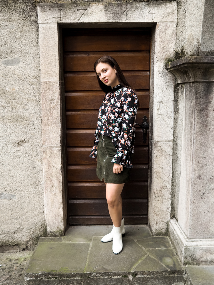 Casual Chic: Floral Top, Suede Skirt, and White Boots — Dallas Outfits 2027