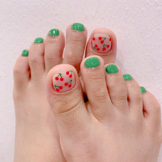 Medium Green Cherry Motif Toes Medium Green Cherry Motif Toes — Green Toe Nails 2027